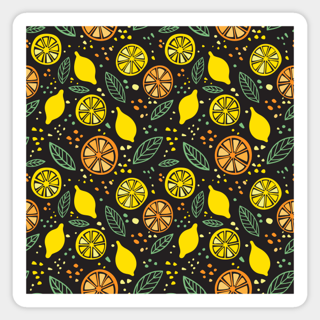 Citrus lemon and orange on black background pattern Sticker by yuliia_bahniuk